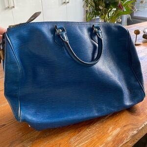 Vintage Louis Vuitton Epi Speedy 30 Blue Leather Gold Satchel Boston Bag EUC